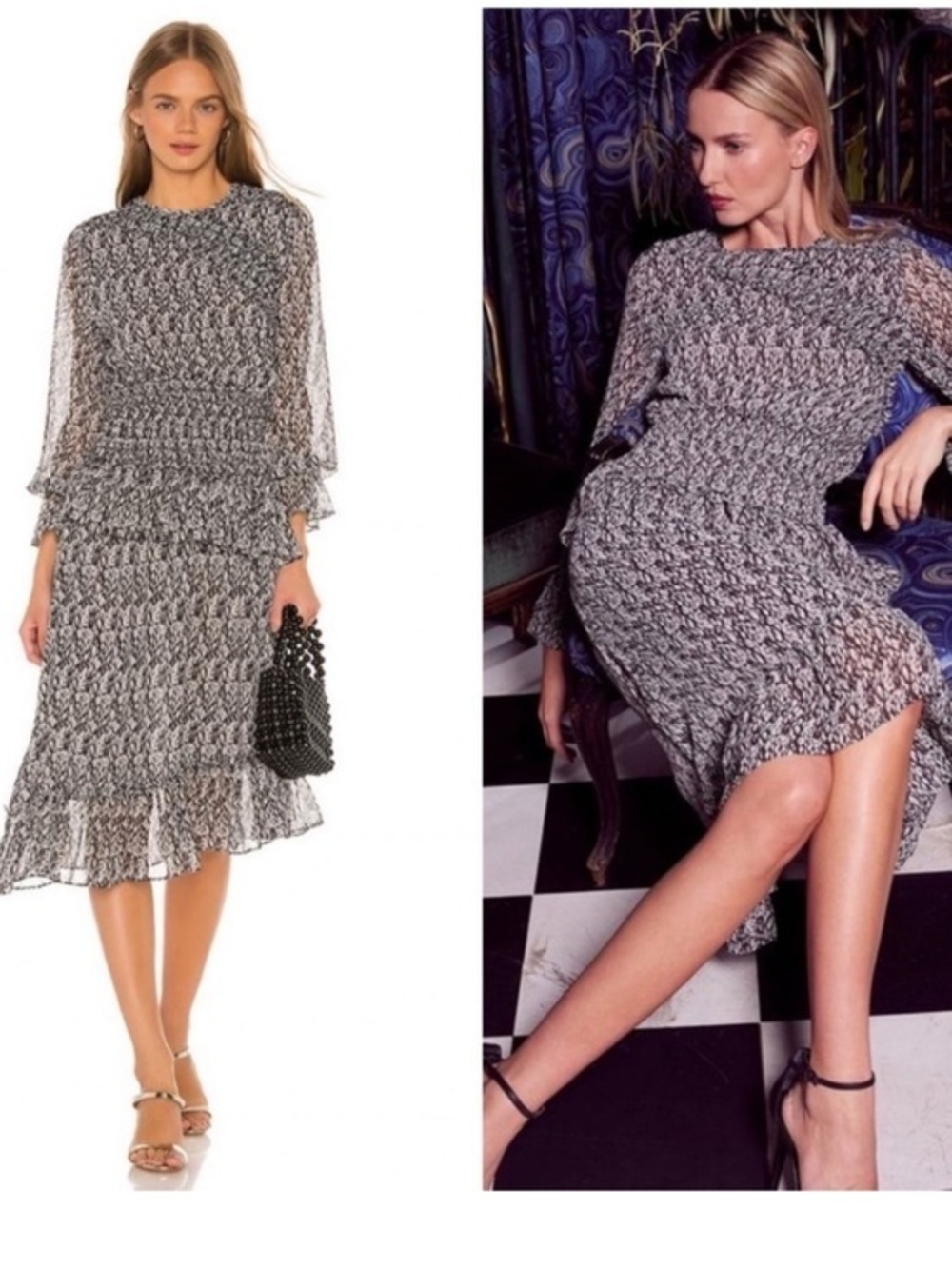 MISA Sophia Dress Smocked Long Sleeve Snack Print Midi Sz S Gray White